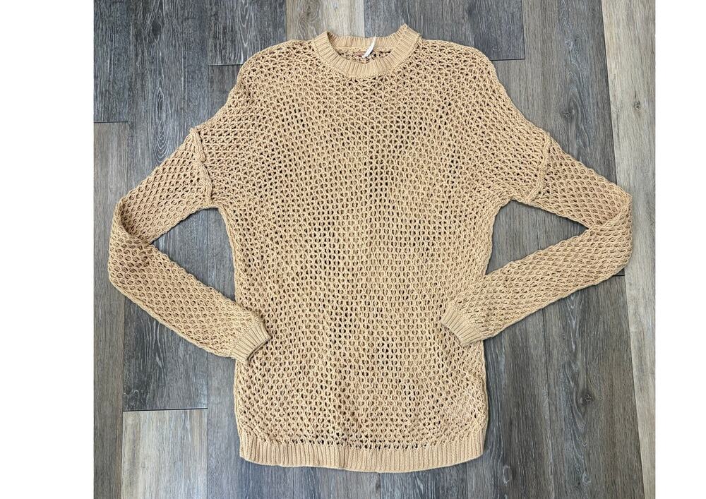 Free People Womens Open Knit Sweater Small Beige Tan Lightweight Boho Pullover